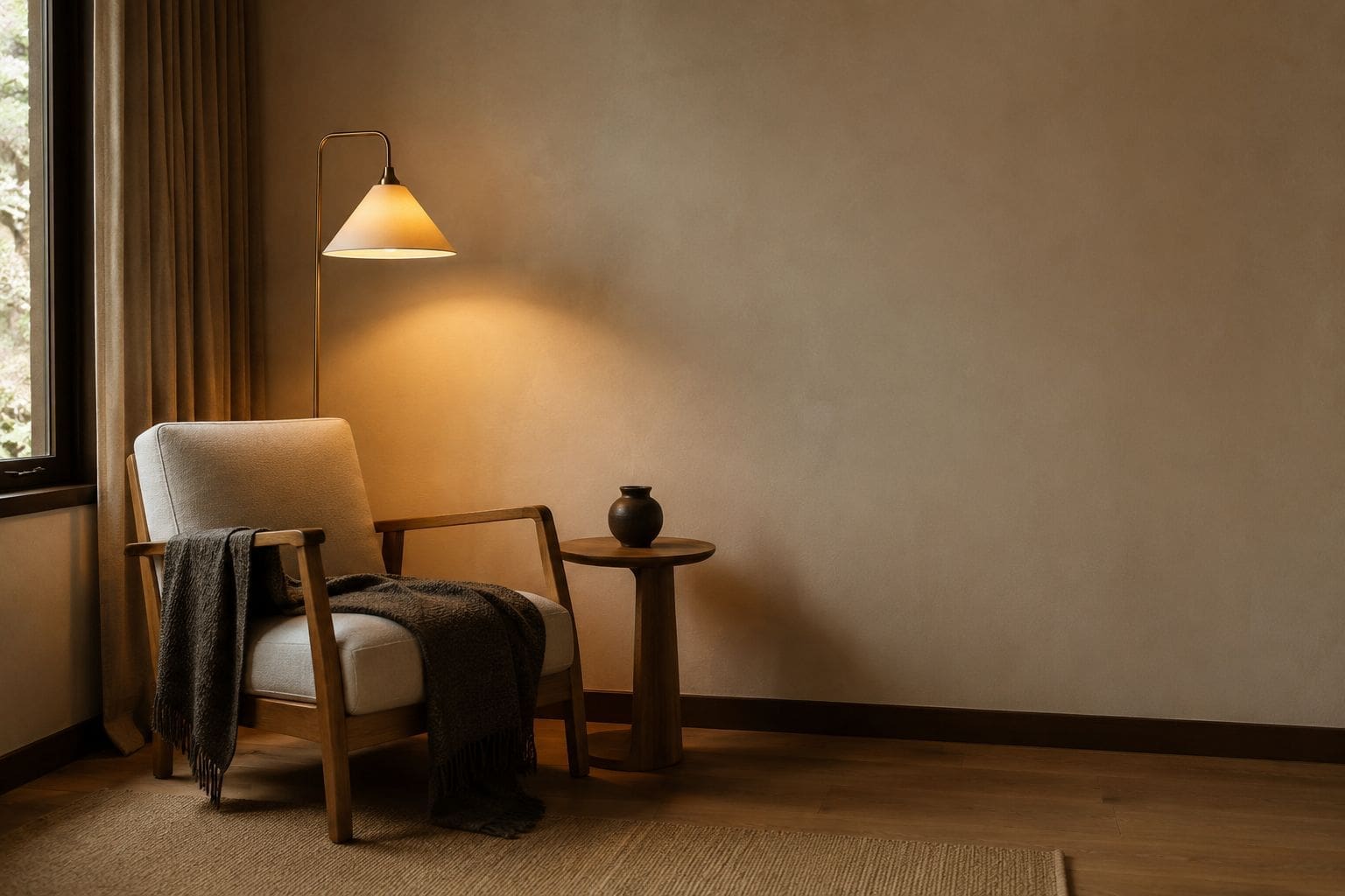 Restrained room corner illustrating the calm beats clever principle of room design
