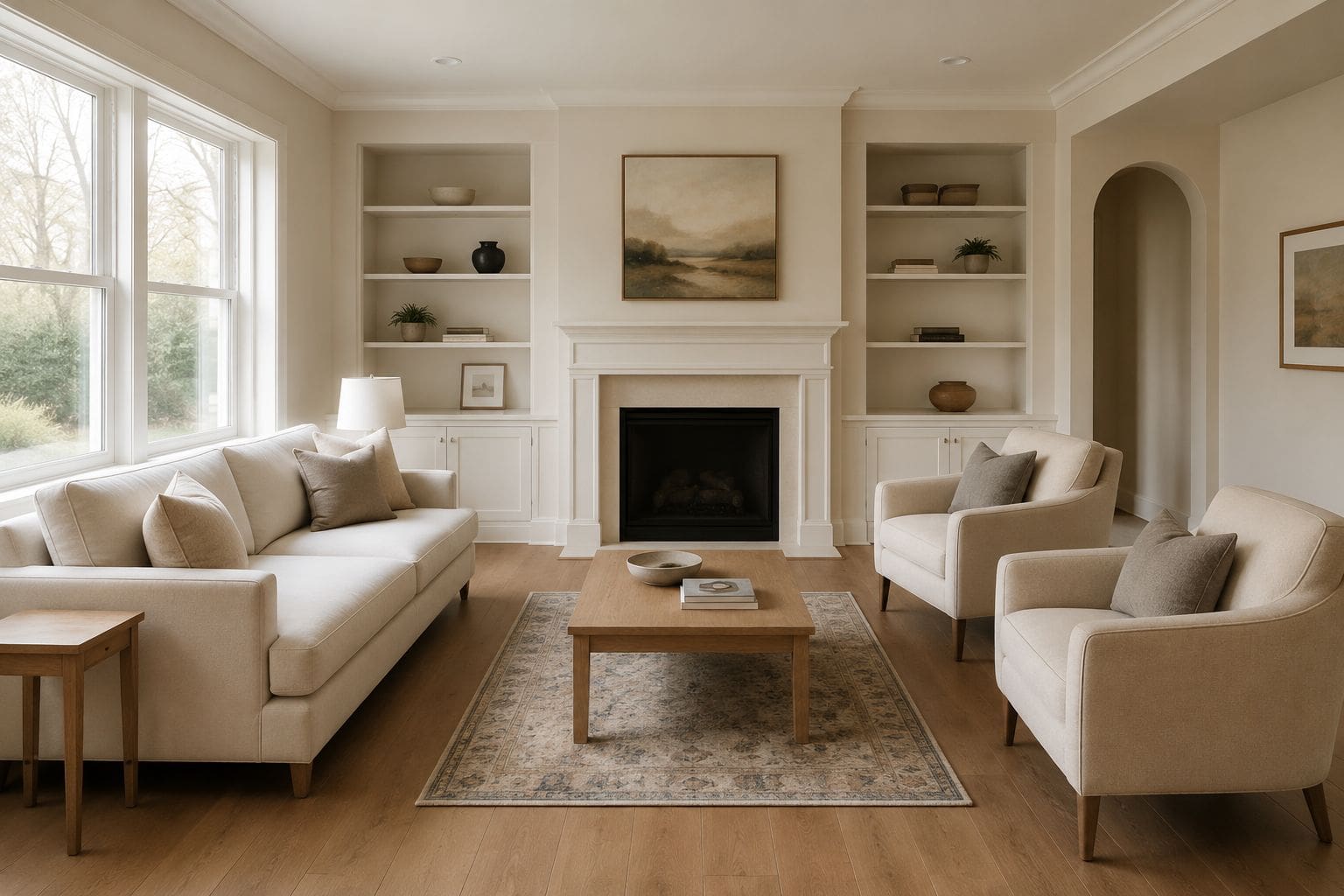Living room illustrating proportion over taste with correctly sized rug and furniture arrangement